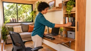 Pessoa organizando acessórios em home office de Tiny House, com bancada retrátil de madeira nogueira, notebook e armário vertical com prateleiras.