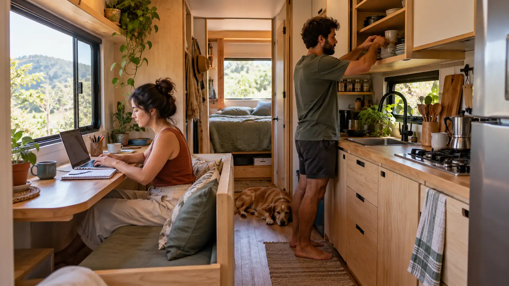 Casal realizando atividades em uma Tiny House, com mulher trabalhando no notebook e homem organizando utensílios na cozinha integrada.