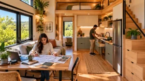Mulher analisando planta arquitetônica no interior de uma Tiny House com sofá compacto, mesa dobrável, cozinha integrada e móveis planejados.