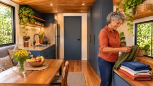 Mulher organizando roupas em uma Tiny House com cozinha linear azul-marinho, bancada bege, mesa de refeições e área de estar integrada.