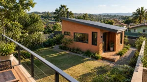 Tiny House brasileira com fachada terracota clara, telhado inclinado, janelas em diferentes fachadas e iluminação solar lateral da manhã.