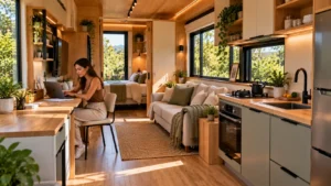 Mulher utilizando notebook no interior de uma Tiny House individual, com sala e cozinha integradas, sofá compacto e móveis planejados.
