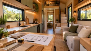 Interior de Tiny House com cozinha e sala integradas, bancada multifuncional, móveis planejados e planta arquitetônica sobre a bancada.