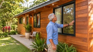 Homem verificando a vedação de uma janela em Tiny House com fachada de madeira castanho-avermelhada, telhado metálico e jardim arborizado.
