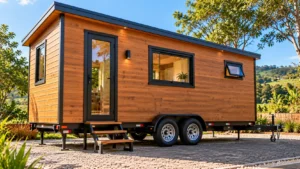 Tiny House transportável com chassi metálico, rodas visíveis, fachada de madeira termotratada, cobertura metálica e porta lateral.