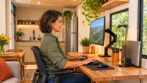 Mulher trabalhando em estação de home office dentro de uma Tiny House, com monitor ajustável, bancada de madeira clara e cadeira ergonômica.