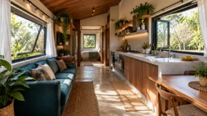 Interior de Tiny House com sala e cozinha integradas, janelas abertas em paredes opostas, sofá azul-petróleo e armários de madeira nogueira.