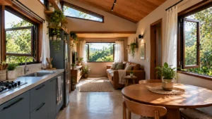 Interior de Tiny House com janelas abertas em paredes opostas, cozinha azul-acinzentada, bancada de pedra cinza, mesa de madeira e sofá caramelo.