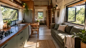 Interior de Tiny House brasileira com duas janelas abertas, cortinas leves, sofá verde-musgo, bancada de madeira escura e iluminação natural.