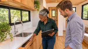Profissional técnica verificando o funcionamento de uma gaveta da cozinha de uma Tiny House recém-finalizada, acompanhada por um cliente durante a vistoria de entrega.